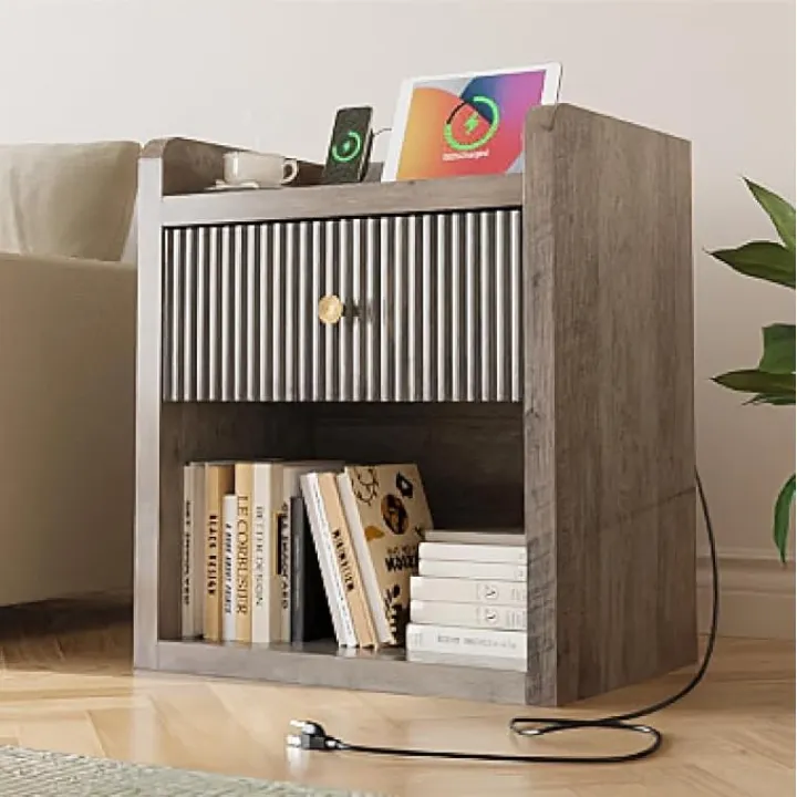 IRONCK Nightstand with Charging Station, 26.5" Tall Large Night Stand, Wood Fluted End Table with Drawer and Shelf, 22.8" Wide Side Table with Storage for Bedroom