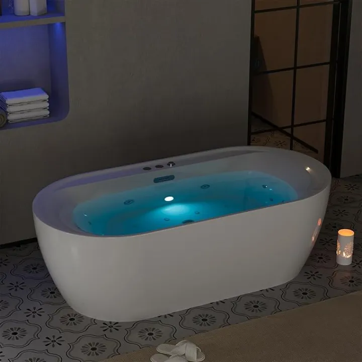 71" Luxury Acrylic Freestanding Bathtub with Air Bubble & HydroJet Massage, Multi-Color LED Mood Lighting, Oversized Soaking Spa for Modern Bathrooms