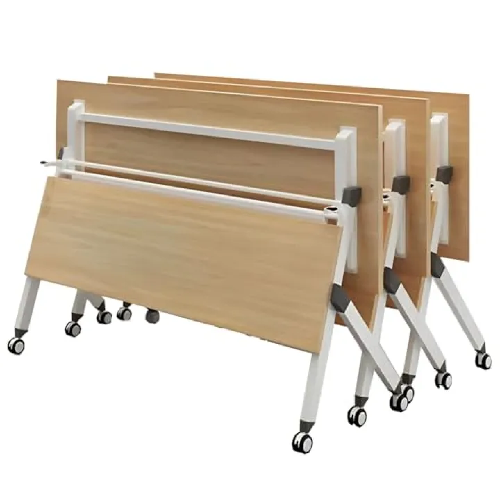 Tavolo Conferenza Pieghevole con Rotelle Bloccabili E Pannello Privacy, Scrivania Ufficio Struttura in Legno E Metallo, per Piccoli Spazi, Uffici, Aule, Design Salvaspazio, 3 Pack