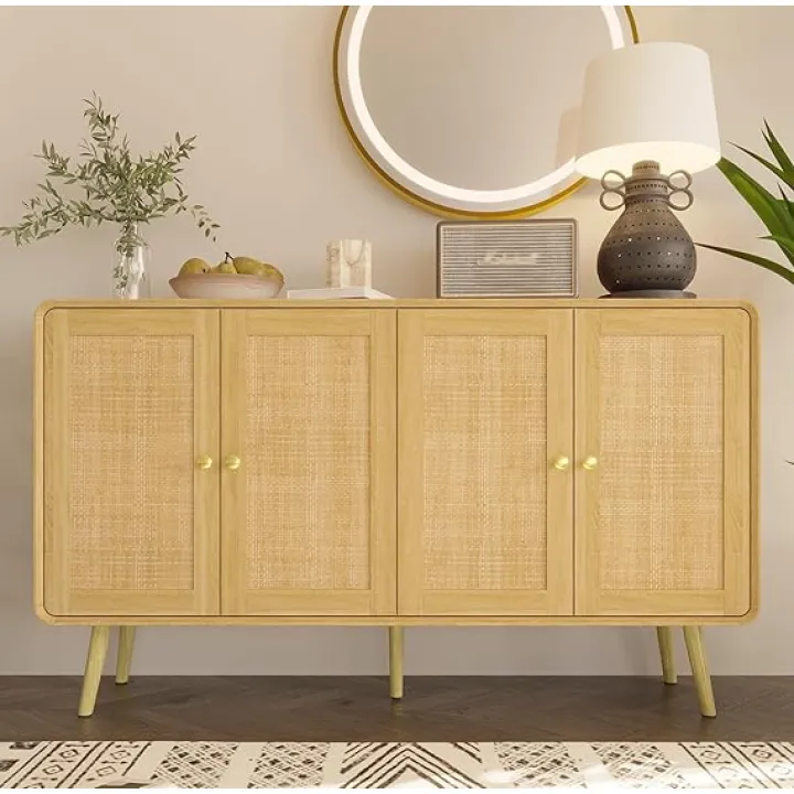 Large Rattan Side Board, Decorative Kitchen Buffet Storage Cabinet, Modern Entryway Cabinet with 3 Drawers and 2 Doors for Living Room, Dining Room, Natural(13.9" D x 55.1" W x 32.1" H)