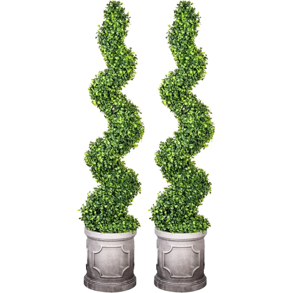 4FT Artificial Spiral Boxwood Topiary Trees with Antique-White Roman-Style Planter - Outdoor&Indoor Year-Round Garden, Porch, Entryway Decor (2 Pack)