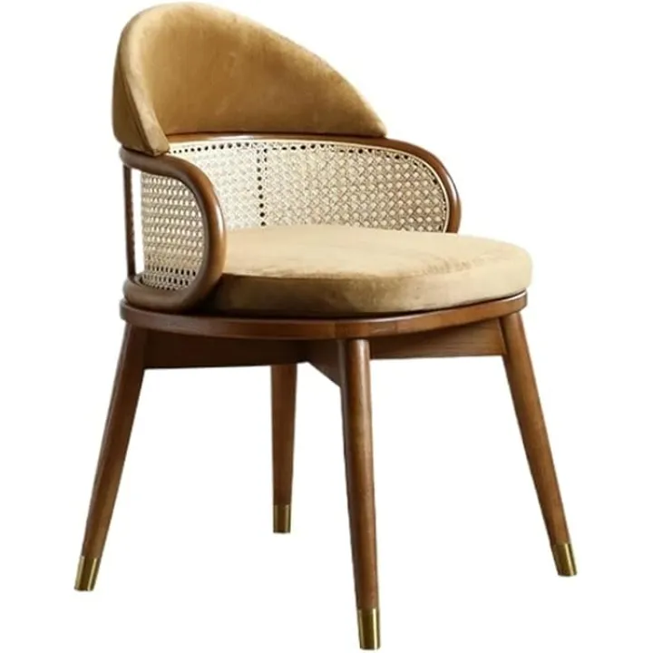 Home Rattan Chairs- Natural Rattan Dining Chair, Upholstered Velvet Accent Chair with Rattan Back, Retro Rattan Chair for Bedroom/Fire Place/Reading Room Patio Lounge Chair