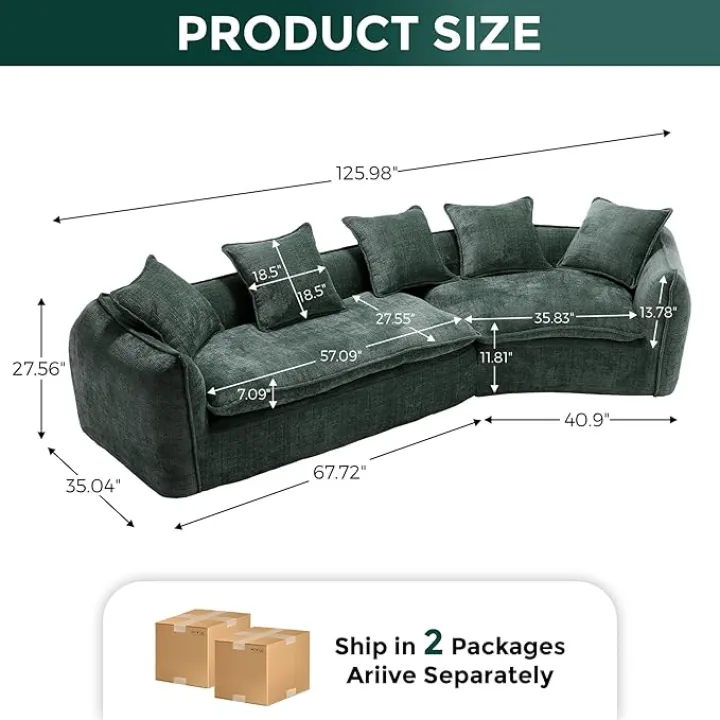 Modular Curved Sofa Couch, Chenille Deep Seat Sofa with 5 Pillows, Comfy Sectional Cloud Couch for Living Room Apartment Office, Emerald Green