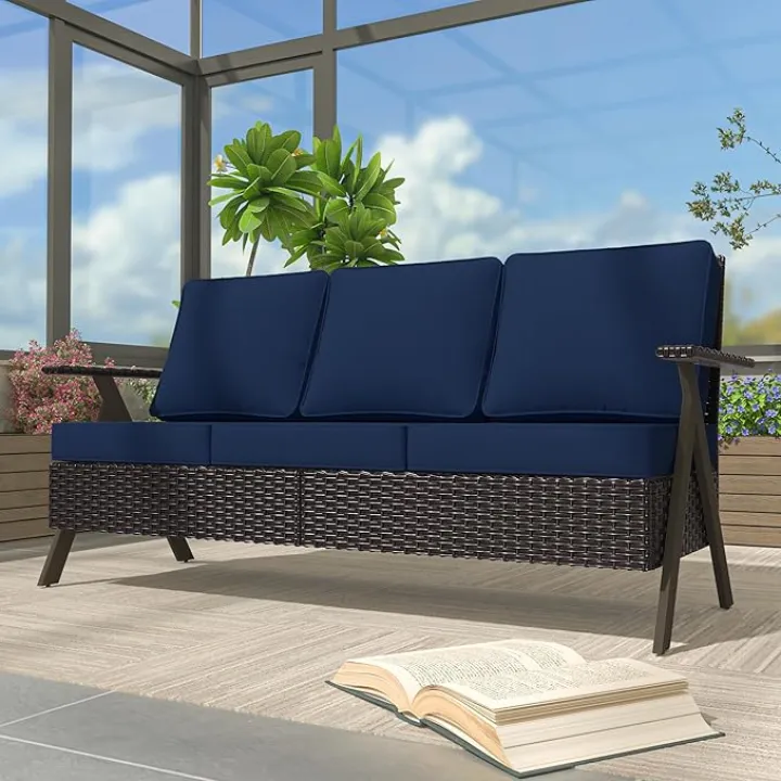 75" Patio Wicker 3-seat Couch, Outdoor Rattan Sofa, All-Weather Rattan Furniture, Steel Frame Couch with Cushions for Porch, Poolside, Garden （Navy）