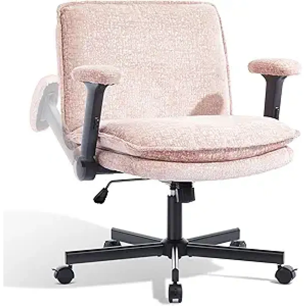 Criss Cross Chair with Flip-Up Arms and Lockable Wheels, Plush Fabric Cross Legged Office Desk Chair，Wider 125°Tilting Adjustable Swivel Computer Chair for Home, Apartment, Bedroom,Pink
