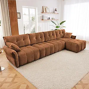 Sectional Sofa Couch with Cushions and 2 Throw Pillows, Chenille Fabric Upholstery Module Couch with 1 Ottoman for Living Room, Lounge, Office Space (Burnt Orange, 4 Seater +1 Ottoman)