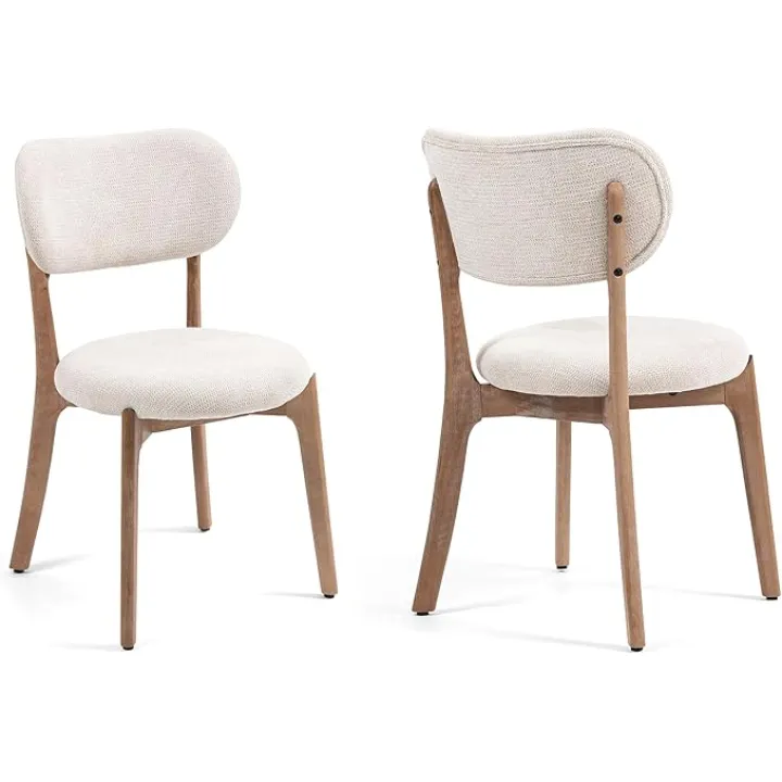 Set of 2 Bernardo Beige Washed Woven Fabric Dining Chair with Natural Wood Legs