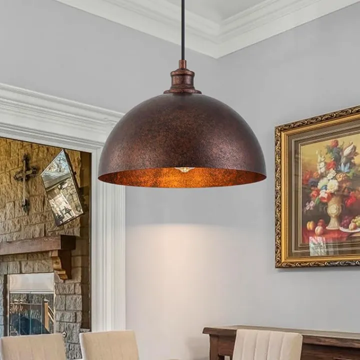 Farmhouse Pendant Lights Kitchen Island,11.8" Red Bronze Rustic Dome Pendant Lights Fixture,Adjustable Height Industrial Chandelier for Dining Room,Bedroom,Hallway