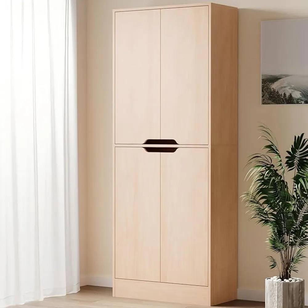 71" Tall Freestanding Pantry Cabinet, 4 Doors Larder Cupboard with Adjustable Shelves, Kitchen Hutch for Kitchen & Dining Room, Oak