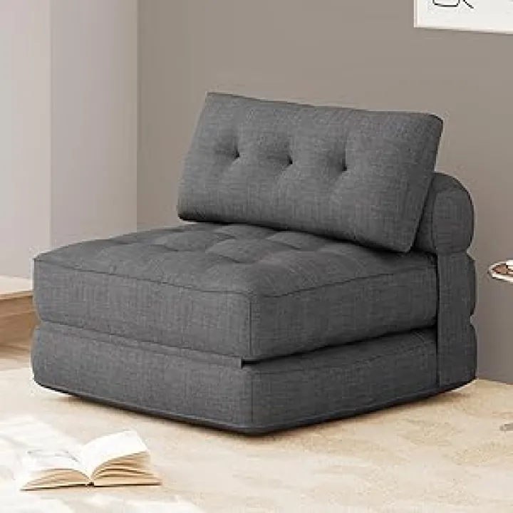 KINGYES Folding Sofa Bed, Convertible Sleeper Chair with Pillow for Adults, Foldable Single Futon Chair Floor Sofa Lounge for Living Room, Grey