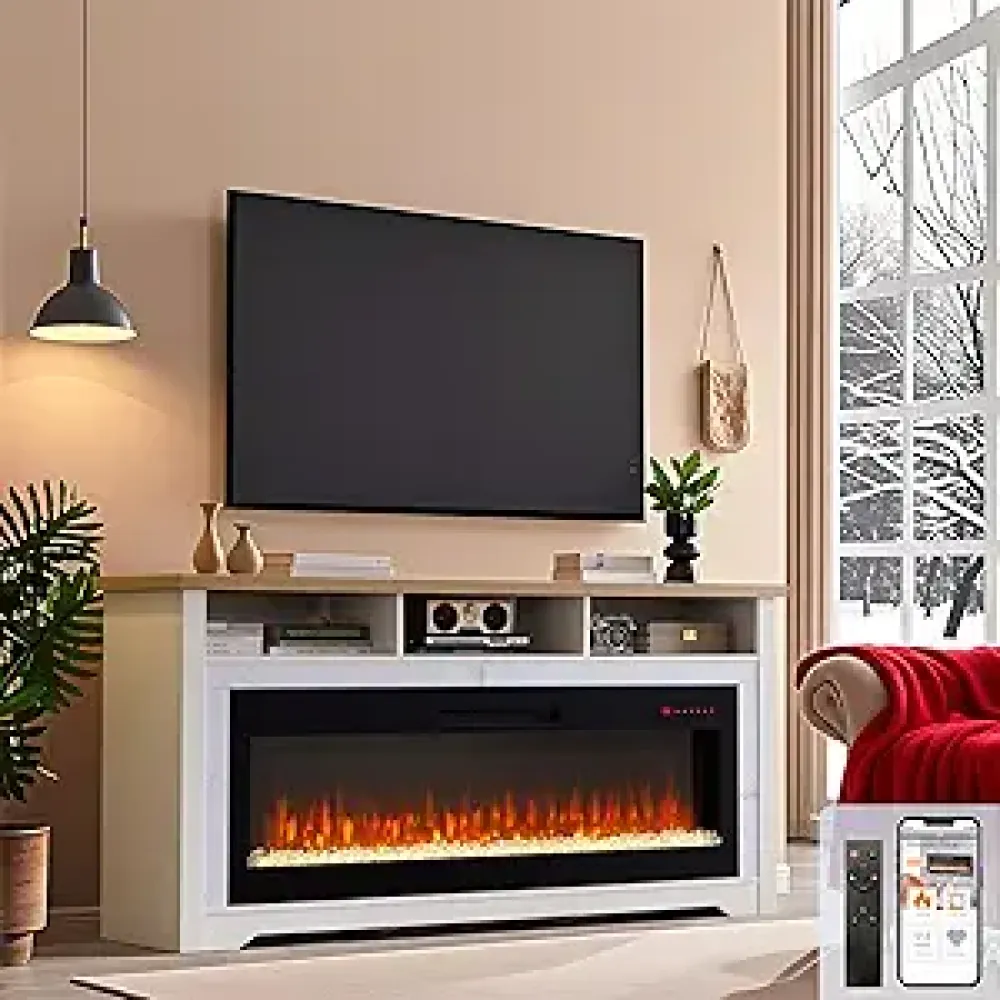 Fireplace TV Stand for 80" TVs, Entertainment Center w/60 Inch Fireplace, WiFi Enabled, APP/Voice Control, Simulated Marble Surrounded, Open Shelves Storage, TV Console with Fireplace, White