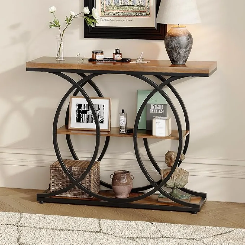 GiftGo Narrow Console Table for Entryway Industrial 3-Tier Sofa Table Behind Couch with Circle Base Wooden Accent Wall Tables with Storage Shelves for Living Room, Hallway, Foyer (Rustic Brown)