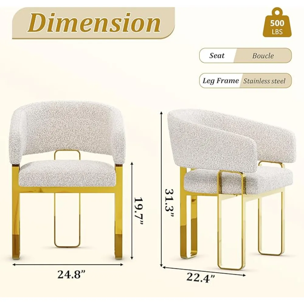 Beige White and Gold Barrel Dining Chairs Set of 6, Boucle Dining Room Chairs with Arms, Modern Luxury Dining Chairs with Mirror Polished Metal U-Shaped Legs for Dining Room, Living Room, Kitchen