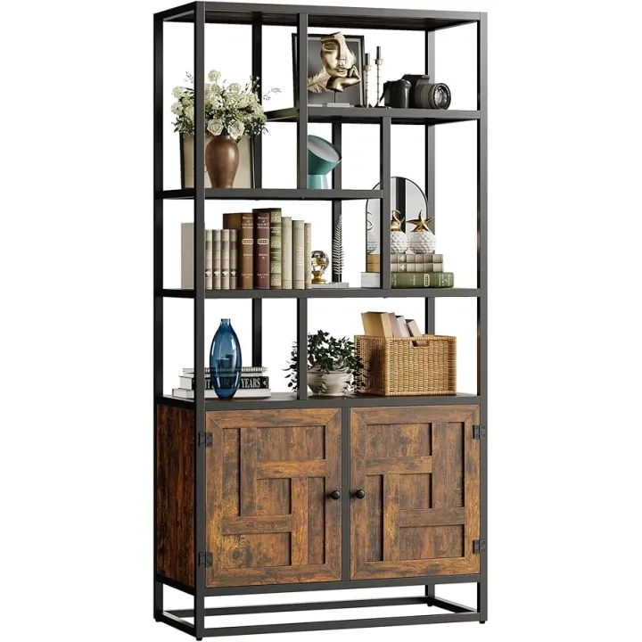IRONCK Bookshelves and Bookcases, 35.4in Wide Book Shelf with Doors, 6 Tier Tall Bookshelf Geometric with Storage Cabinet and Storage Shelves for Living Room, Office