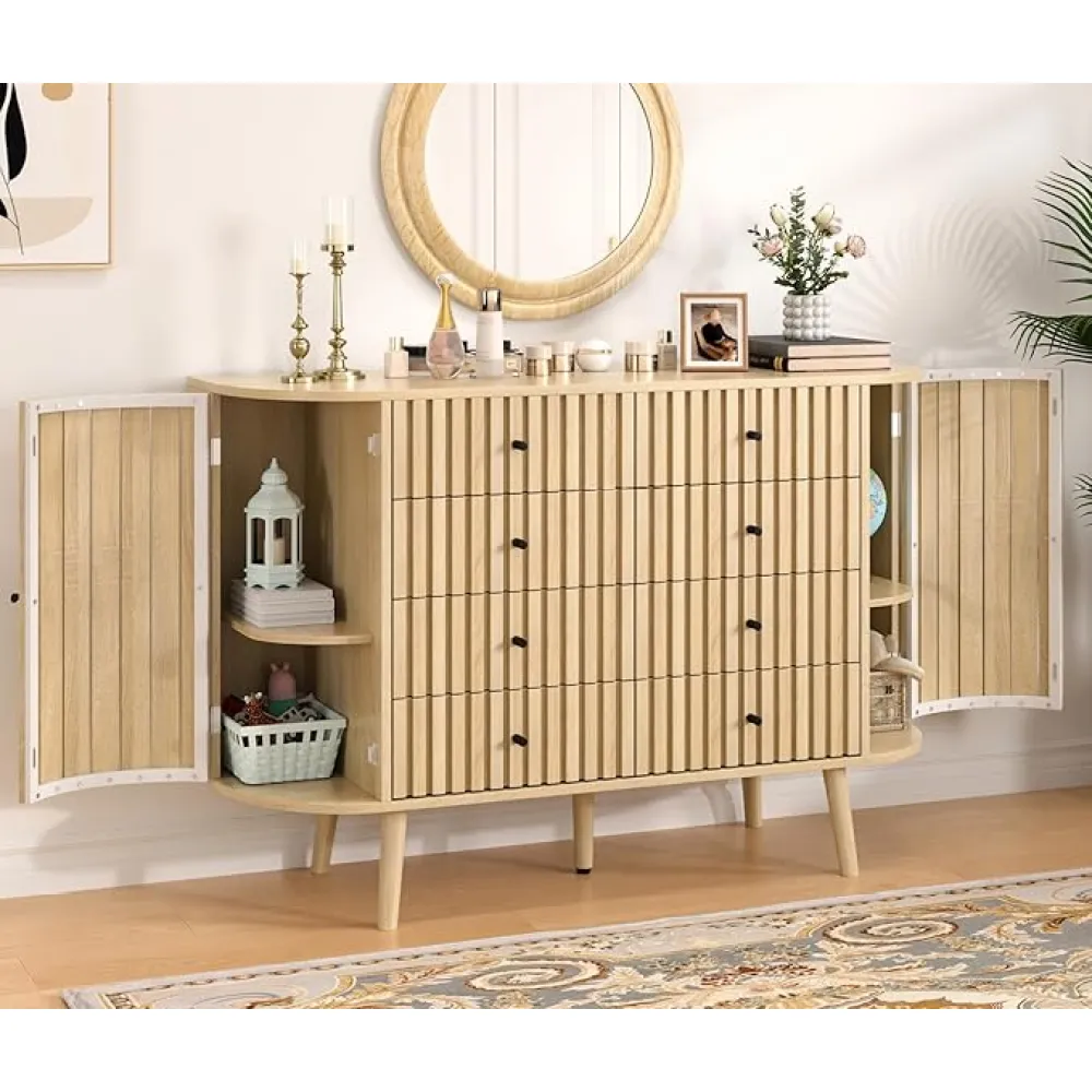 Boho Dresser for Bedroom with 8 Drawers, Fluted Dresser for Closet with Doors, Natural Wood Chest of Drawers, Wooden Clothes Storage Organizer, Oval Curved, Modern, for Living Room, Long Oak, Natural