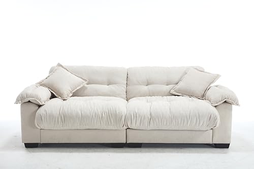 Modern Sofa Chenille 3 Seater Sofa with Two Pillows for Small Spaces in Living Rooms, Apartments Beige