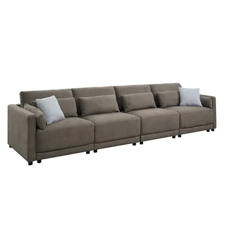 Brown Linen 4Pcs Modular Sectional Sofa with Toss Pillows