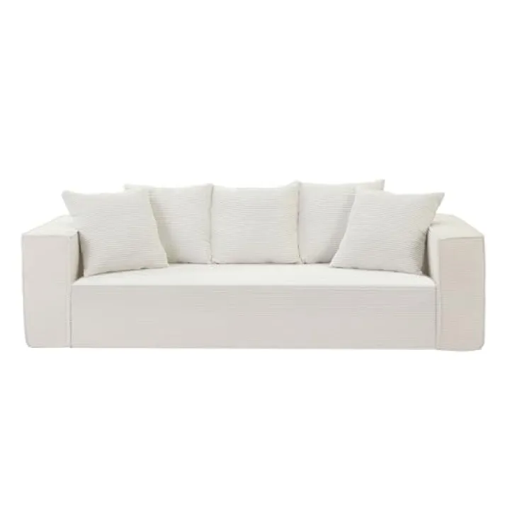 88.97inch Corduroy Sofa with 5 Matching Toss Pillows, Sleek Design, Spacious and Comfortable 3 Seater Couch for Living Room.White
