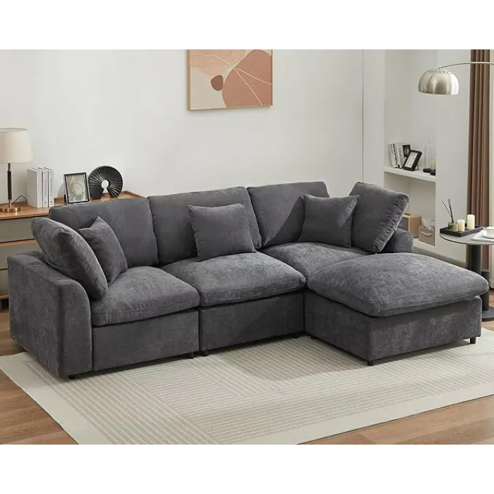 101" Cloud Couch Modular Sectional Sofa, L Shaped Couch with Ottoman, Large Convertible Modern 3 Seats Sofas Chenille Comfy Couches for Living Room Apartment Lounge, Grey