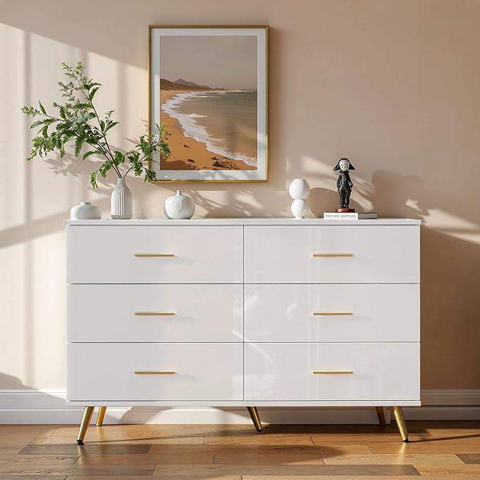 6 Drawer Dresser for Bedroom, High Gloss White and Gold Dresser with Metal Handles, Modern Storage Chest of Drawers for Bedroom & Living Room, Organizer Cabinet with 6 Wide Drawers