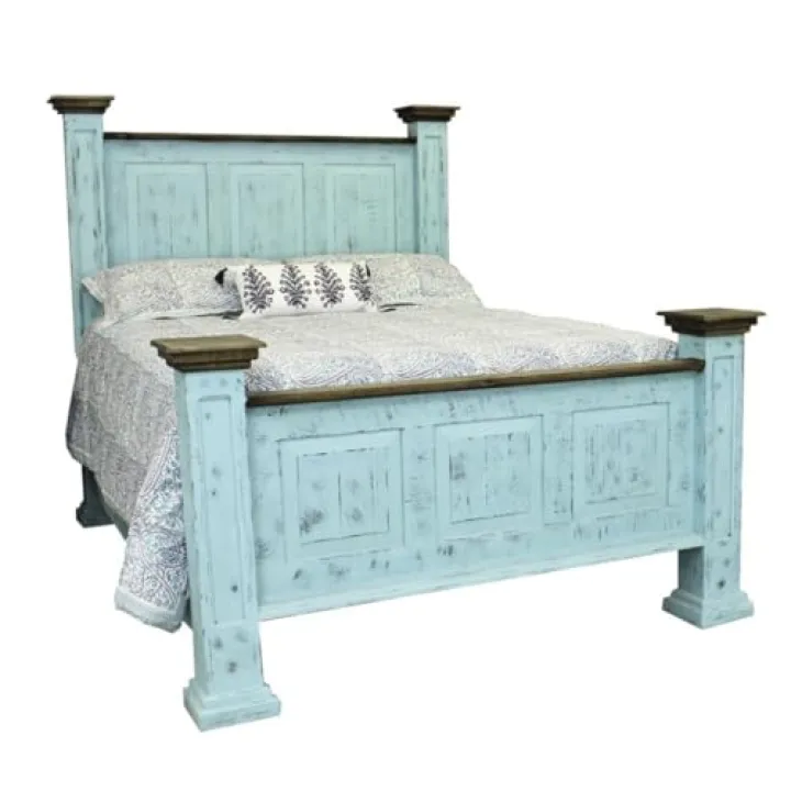 Handcrafted Wooden Queen Bed with Painted Turquoise Distressed Finish | (Bed Only)