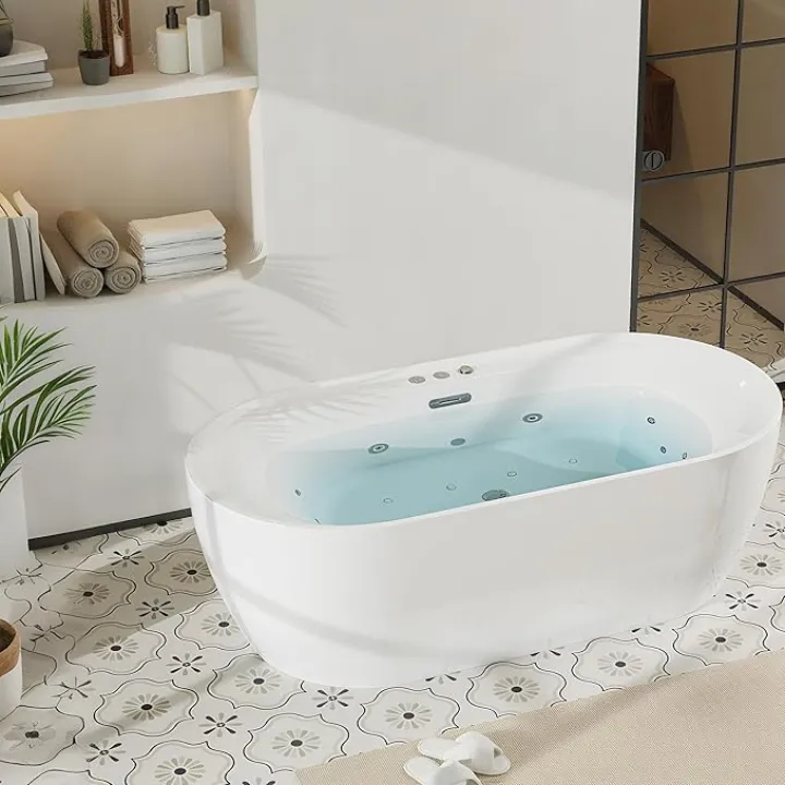 70 x 35 Inch Freestanding Acrylic Whirlpool Bathtub, Stand Alone Soaking Tub with Air Bubble and Hydro Massage Jets, Spa Bathtub for Home Relaxation, Non-Slip Durable Surface, White