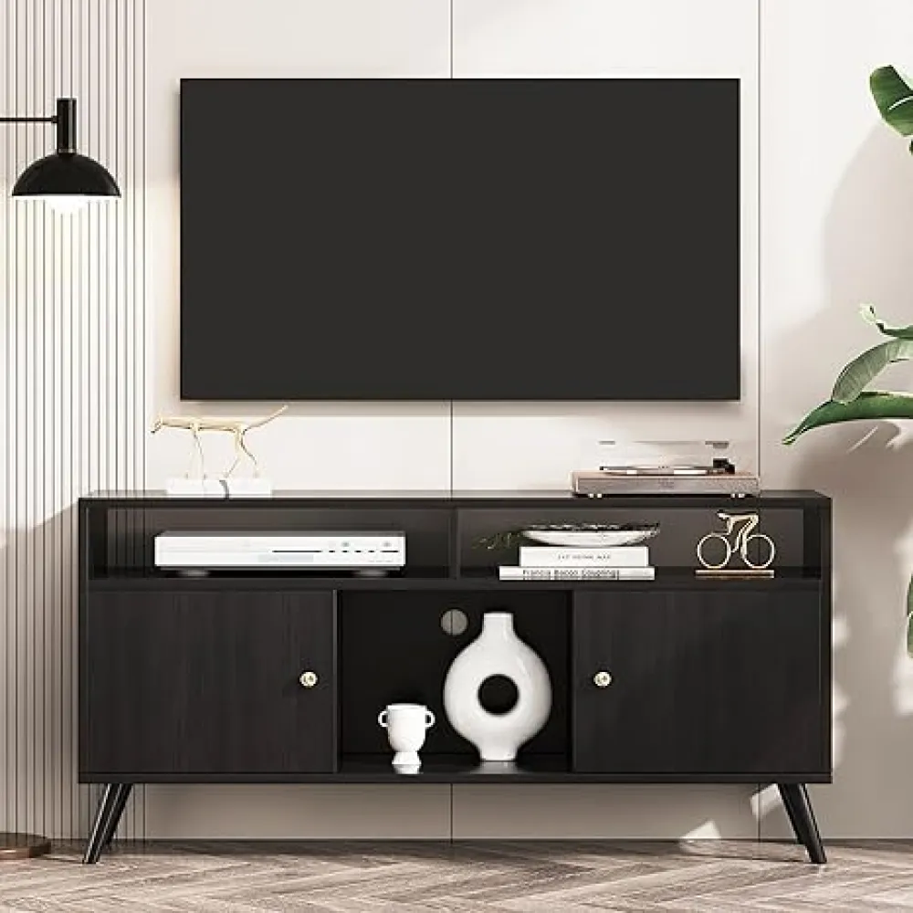Modern TV Stand for 55 60 Inch, Tall Entertainment Center with 2 Cabinets, Wood TV Console for Living Room Bedroom, Black