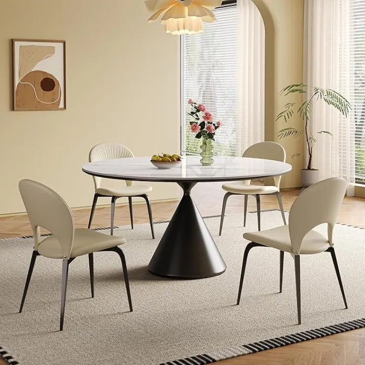 53.1-inch Round Dining Table with Artificial Stone Top & Stainless Steel Base - Modern and Durable Design for Dining Room or Kitchen