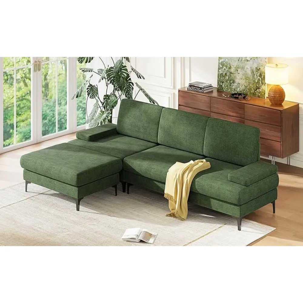 Sectional Couches for Living Room, 96" Chenille Modern L Shaped Couch with Ottoman, Deep 4 Seater Sofas for Living Room, Sectional Sofa for Bedroom, Office, Apartment, Green Couch
