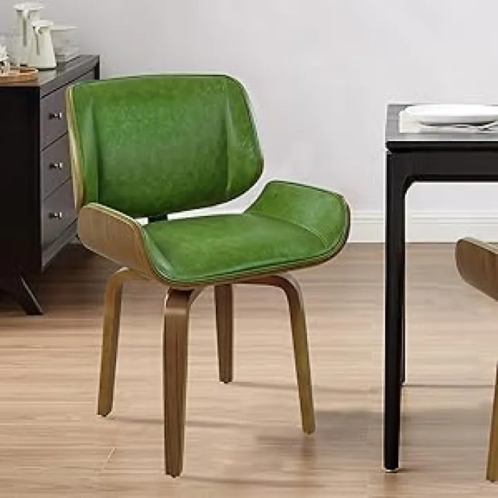 Art Leon Desk Chair No Wheels, Mid Century Modern Swivel Accent Chair with Wood Legs, Faux Leather Upholstered Bentwood Home Office Chair for Small Spaces, Walnut Bentwood, Green