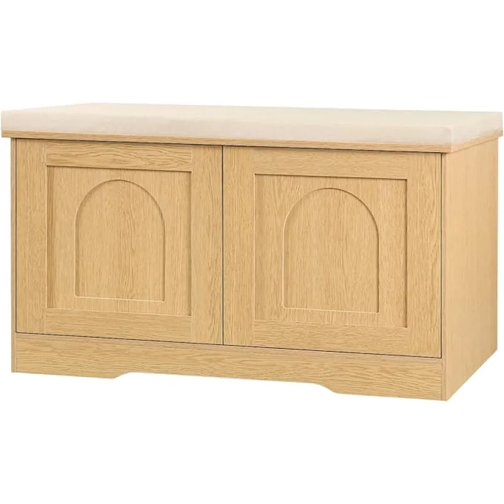 DINZI LVJ Shoe Bench, Entryway Storage Bench with Doors, Cushion, 2-Tier Shoe Rack with 6-Cubby, 31.5”L x 13.8”W Shoe Organizer Cabinet, Adjustable Shelf, Living Room, Bedroom, Natural