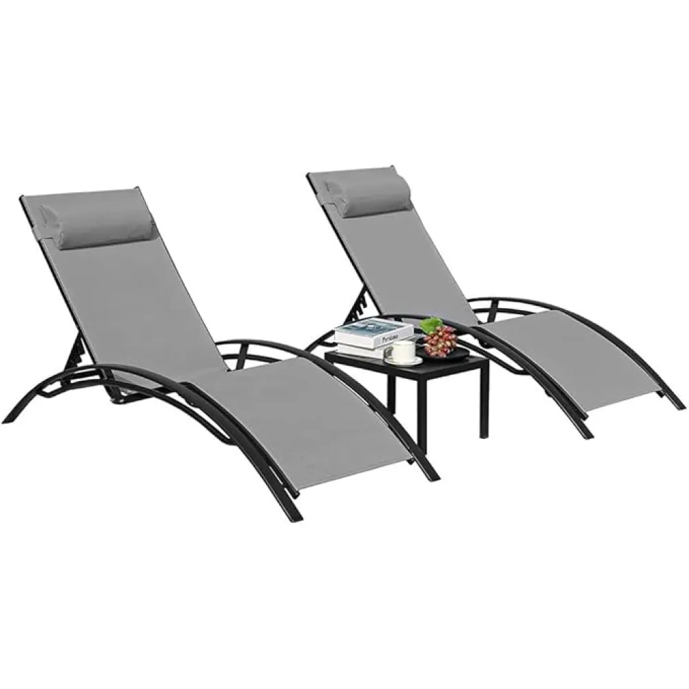 3Pcs Sun Lounger Recliner Set Aluminum Chaise Lounges,Reclining Chair with 5 Adjustable Backrest, Head Cushion, Table for Garden (Color : A, Size : One Size) (A One Size)