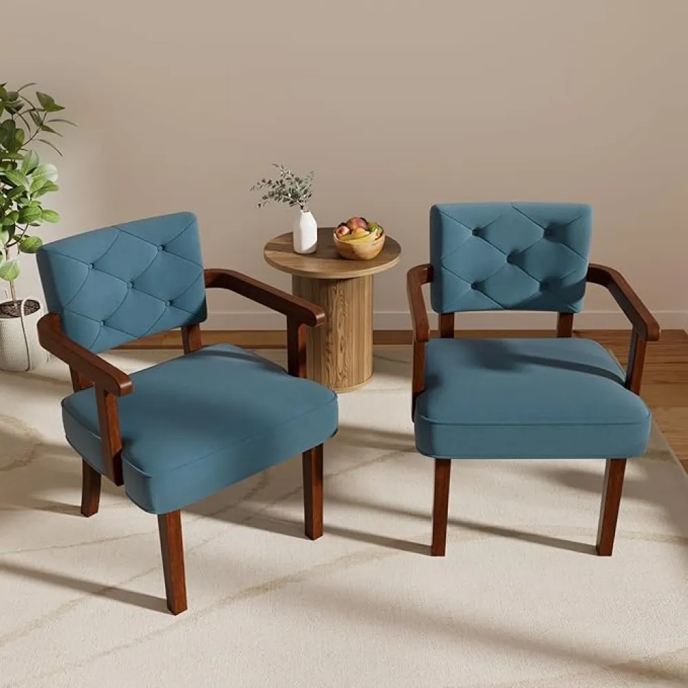 Oversize Accent Chairs Set of 2,Mid-Century Modern Sillas para Salas Modernas 2 Pc,Wooden Set of 2 Accent Chairs,Button Tufted Backrest,Armrest,for Office Waiting/Reading Room (Blue)