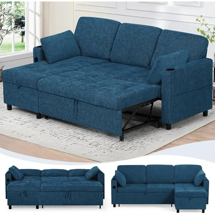 84" Chenille Pull Out Sofa Bed w/Adjustable Backrest, L-Shape Modern Sleeper Sofa w/Reversible Chaise, Upholstered Sectional Couch w/USB Port and Side Pockets for Living Room, House, Blue