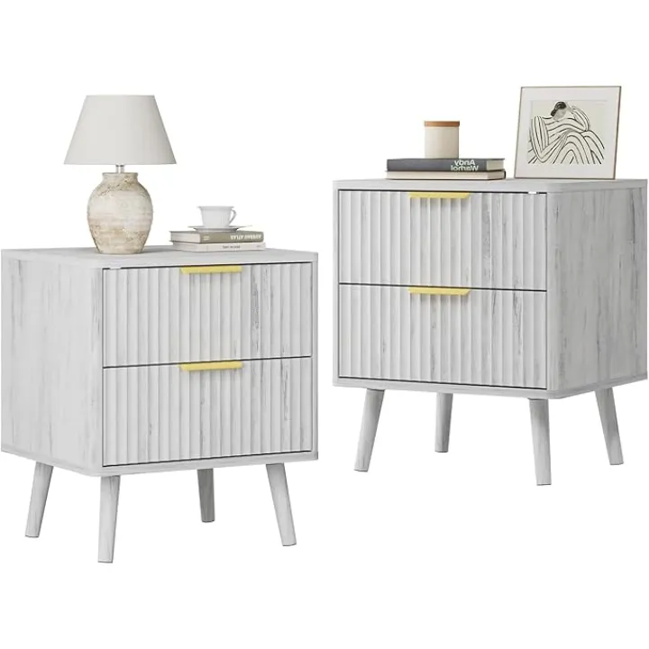 LYNSOM Fluted Night Stand Set of 2, Night Stands with Deep 2 Drawers and Curved Profile Design, Wooden Bedside Table Modern Design End Table for Bedroom Sofa Office (2, White)