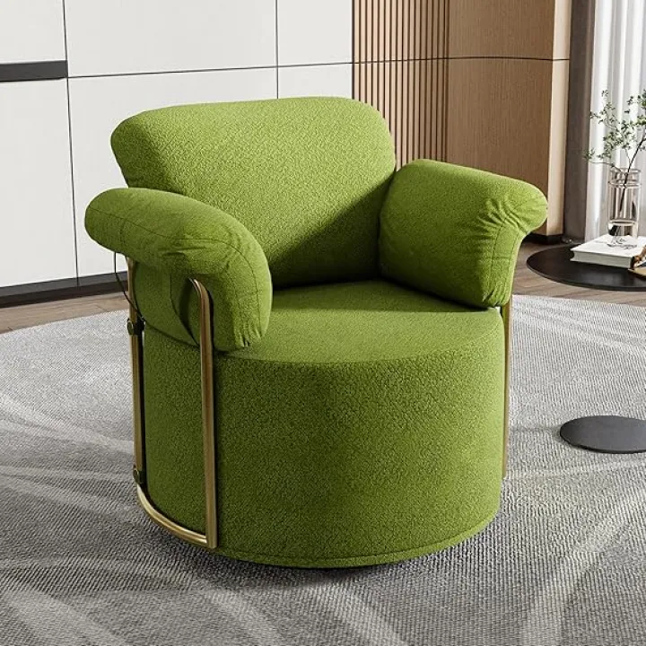 360 Degree Barrel Swivel Accent Sofa Chair,Fluffy Fabric Lounge Wide Upholstered Reading Chair with Gold Metal Legs, Comfortable Round Armchair for Multiple Scenes(Green)