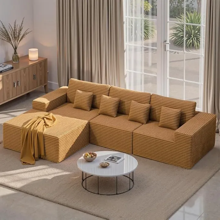 111‘’ Modular Sectional Cloud Couches with L Shaped, Upholstered Deep Seat Boneless Sofa for Living Room, Bedroom, No Assembly Required-Camel