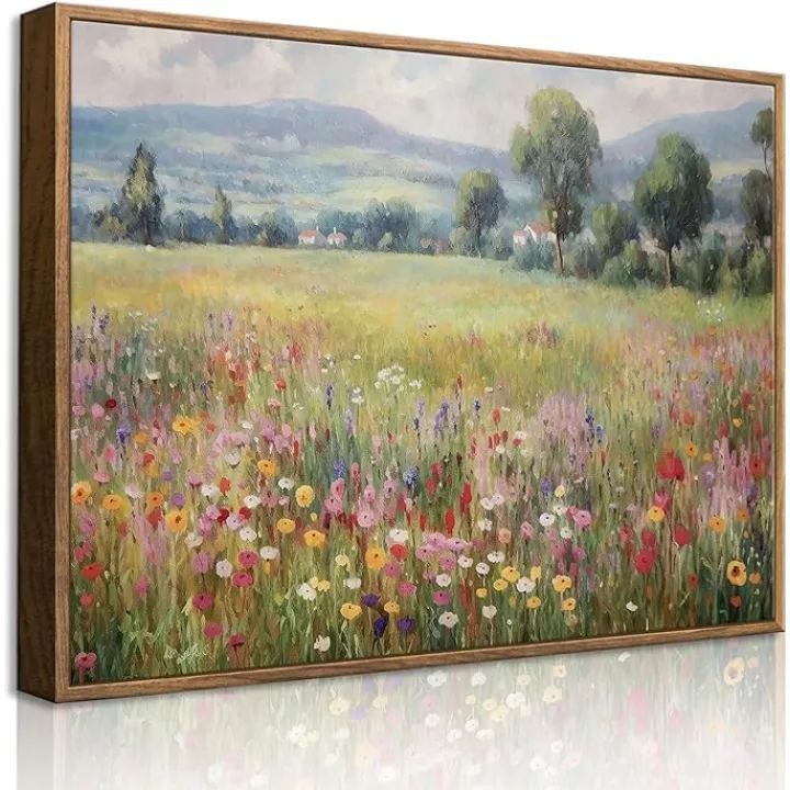 QMWIDKL Framed Vintage Wildflower Wall Art Retro Botanical Floral Prints Country Summer Field Landscape Paintings Flowers Pictures Wall Decor for Living Room Bedroom Bathroom Art(12x16inch)