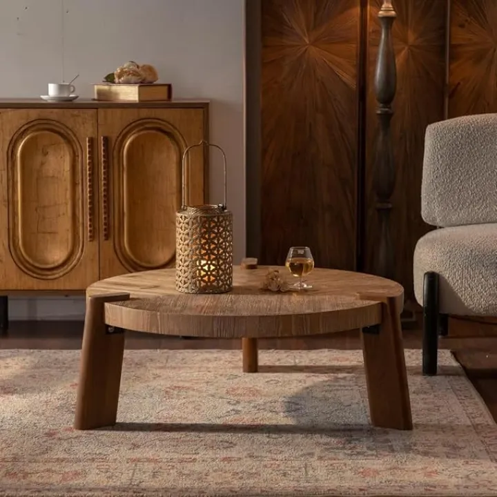 36.61" Wood Round Coffee Table for Living Room, Rustic Natural Coffee Table for Apartment, Easy Assembly, Natural Wood