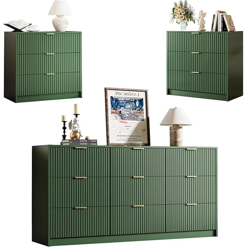 3-Piece Dresser Bedroom Set, 9 Drawer Dresser & 3 Drawer Nightstands with Gold Handles, Fluted Wood Chest of Drawers for Bedroom, Living Room, Entryway, Green