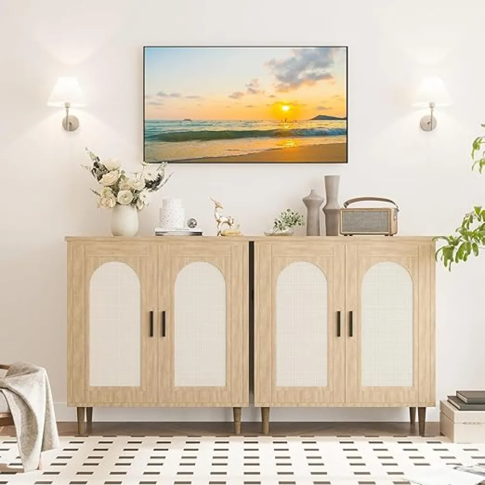 GarveeHome Sideboard Buffet Kitchen Storage Cabinet with Rattan, Solid Wood Feet for Living Room, Hallway, Entryway, Cabinet with Ample Storage Space（1PCS） (Natural_1, 2 pcs)