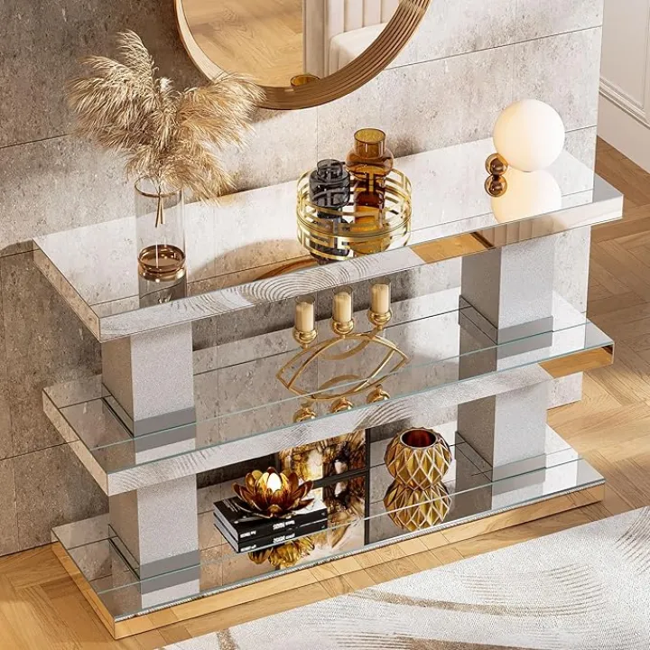 Tribesigns Mirrored Console Table, 46" Silver Entryway Table with 3-Tier Storage Shelf, Modern Style for Living Room, Entryway