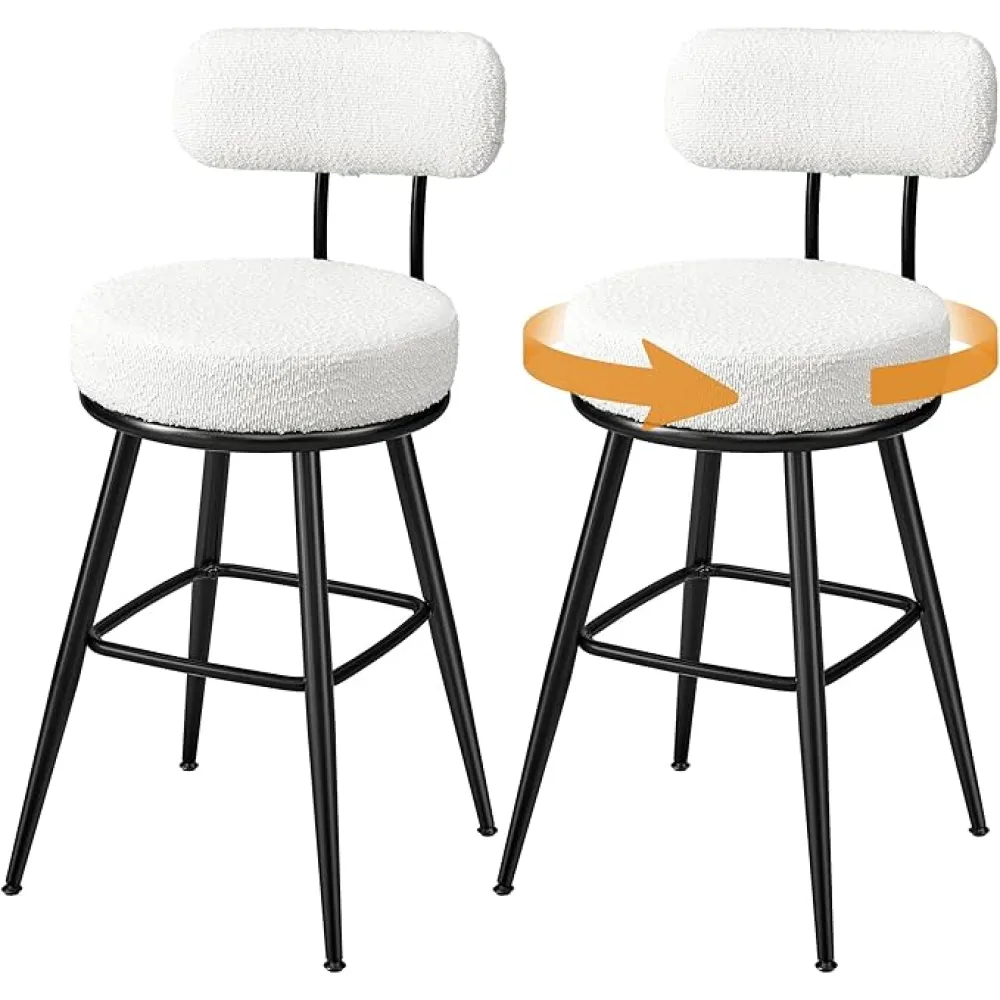 VASAGLE 360° Swivel Bar Stools Set of 2, Counter Height Bar Stools with Back, Boucle Fabric, Contemporary Modern, 25.4 Inch Tall, Kitchen and Home Bar, Cloud White ULBC130W01V1