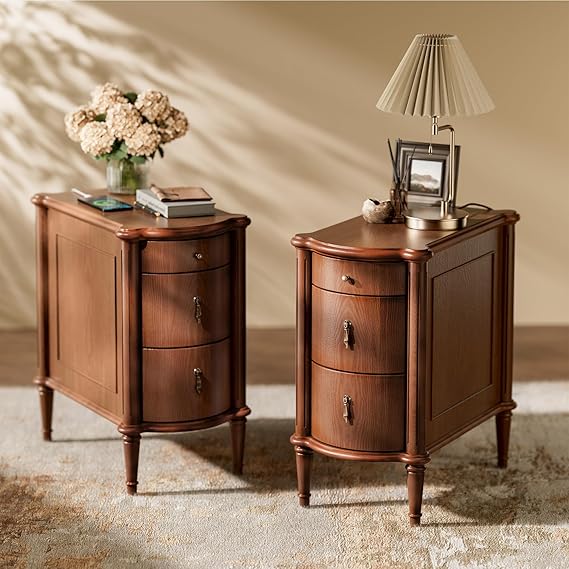 STO'SENSE Nightstand w/Charging Station & 3 Drawers, Pre-Assembled, Vintage Side Table w/Antique-Finished Pulls, Rustic Wood Finish, Narrow End Table w/Turned Legs for Bedroom (2, Black)