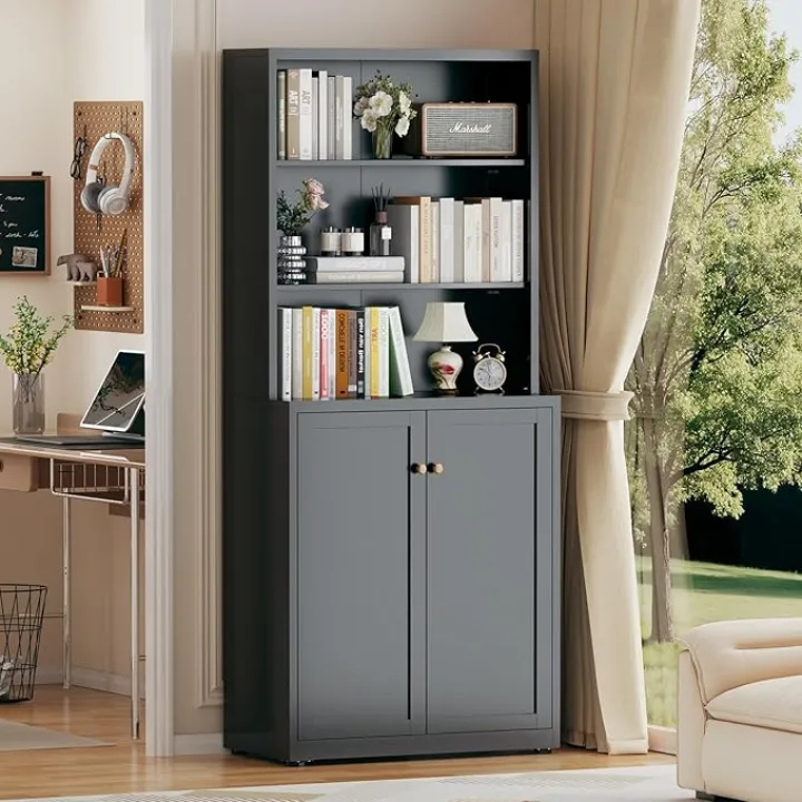 71.6" Tall Bookshelf with Storage Cabinet, 6-Tier Metal Bookcase with Doors and Adjustable Shelves, Floor Standing Open Book Shelf for Living Room, Kitchen, Study, Bathroom (Black)