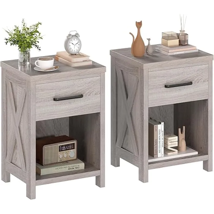 KOMFOTT Farmhouse Nightstand with Drawer, Bedside Table with Open Compartment, Sofa Side Table with Shelf for Small Space, End Table for Bedroom (Grey,2)