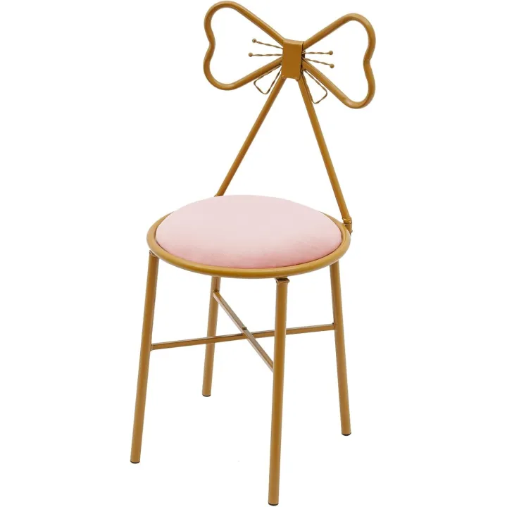 Pink Bow Chair with Gold Frame, Stylish Makeup Vanity Chair with Bow Knot Backrest, Soft Velvet Accent Modern Armchair for Dressing Room/Bedroom/Living Room/Vanity/Reading Nook