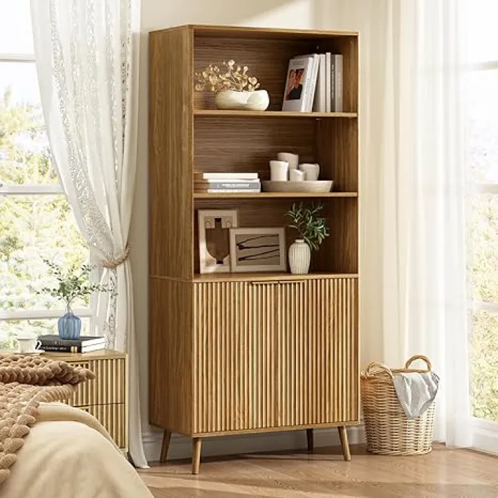 CARPETNAL Natural Oak Bookcase with Fluted Doors, 70.9" Tall 5-Tier Bookshelf with Adjustable Shelves, Wooden Storage Cabinet for Living Room, Office, or Kitchen