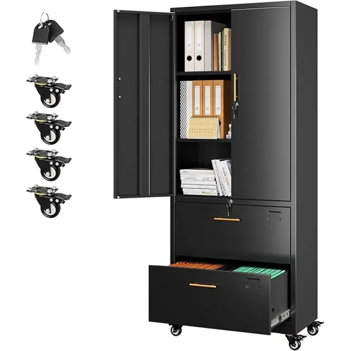 Aobabo Metal 1 Drawer Office File Cabinet with Lock and 2 Doors, Office Steel Files Cabinet with Wheels, Legal/Letter A4 Size, Assembly Required, Black