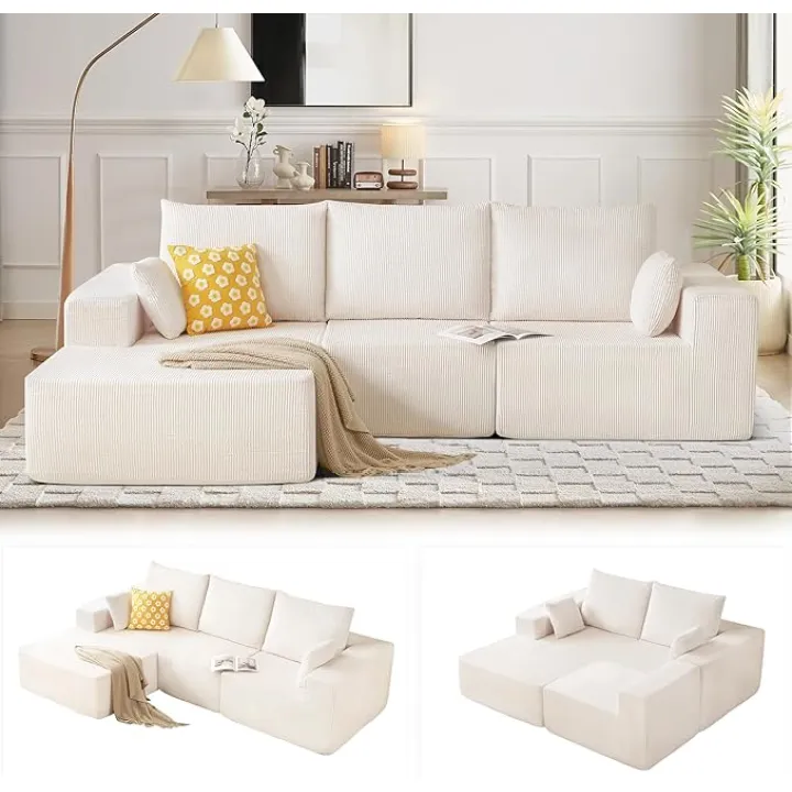 Modular Sectional Sofa, Cloud Sectional Couch with Deep Seat, 5 Pillows, Comfy Upholstered Corduroy Cloud Couches with Left Facing Chaise for Living Room Bedroom, No Assembly Required (Beige)
